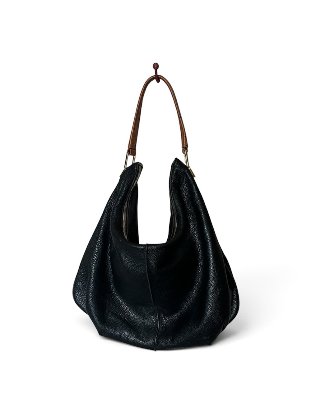 G.I.L.I. Black Pebbled Leather Hobo Slouchy Shoulder Bag Purse with Tan Straps